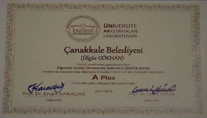 Çanakkale Belediyesine 'A Plus' Ödülü